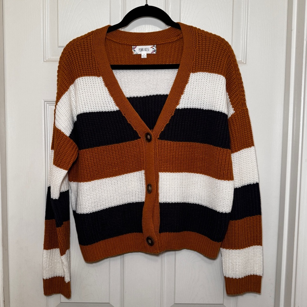 Pink Rose Women’s Large Striped Black Tan White Knit Cropped Cardigan